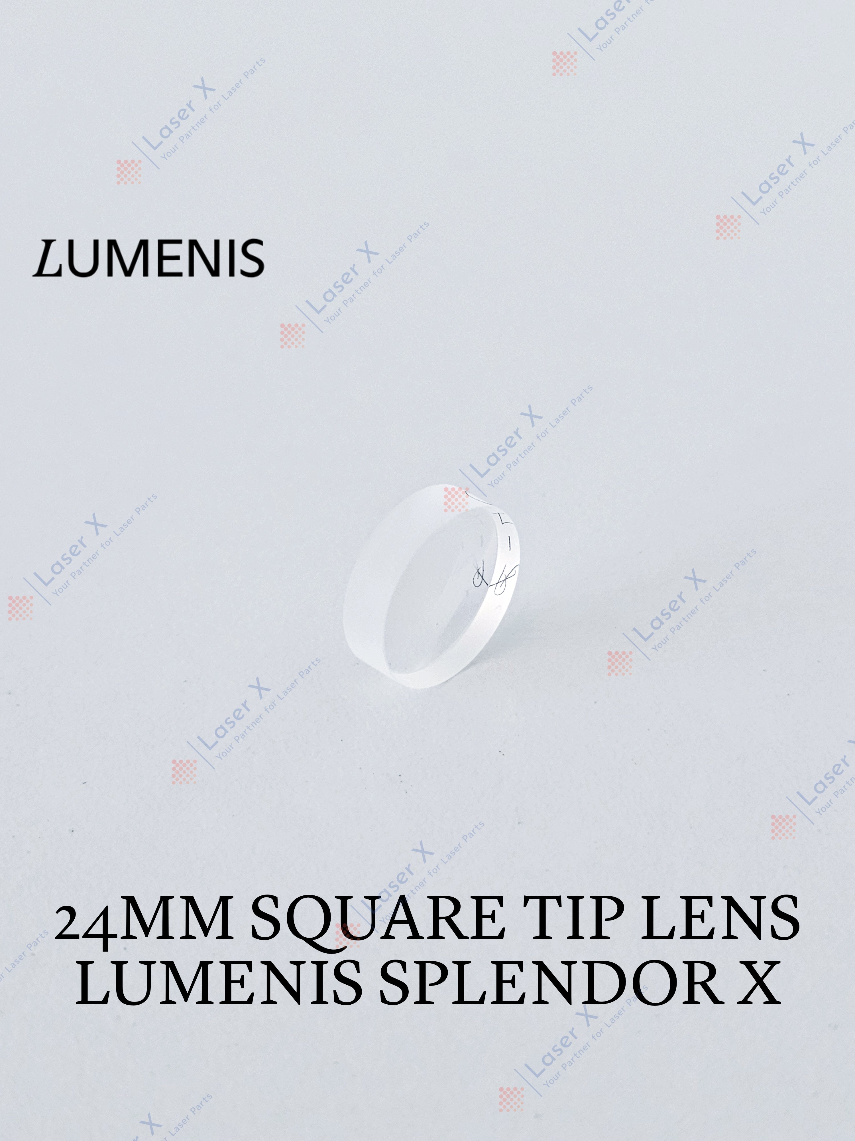 24×24 mm square tip lens for Lumenis Splendor X laser device (SPNB151030), replacement laser handpiece lens.