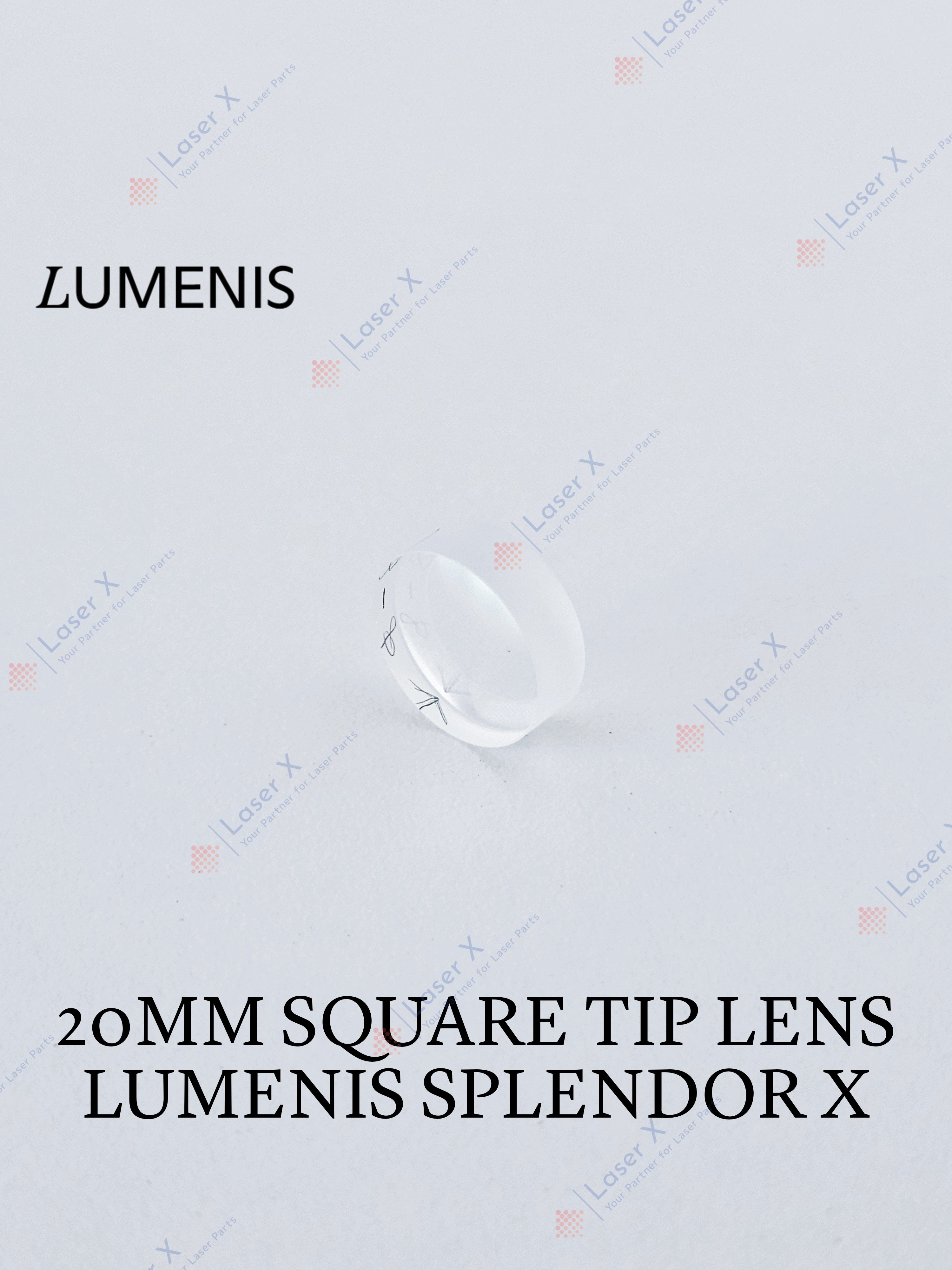 20×20 mm square tip lens for Lumenis Splendor X laser device (SPNB151520), replacement laser handpiece lens.